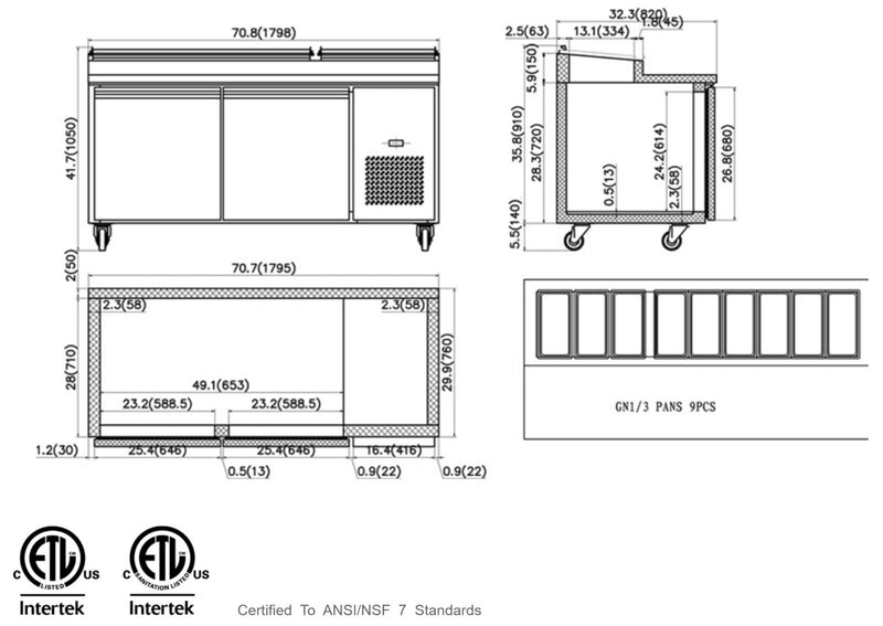 North Air NA-TPP67 Double Door 71" Refrigerated Pizza Prep Table