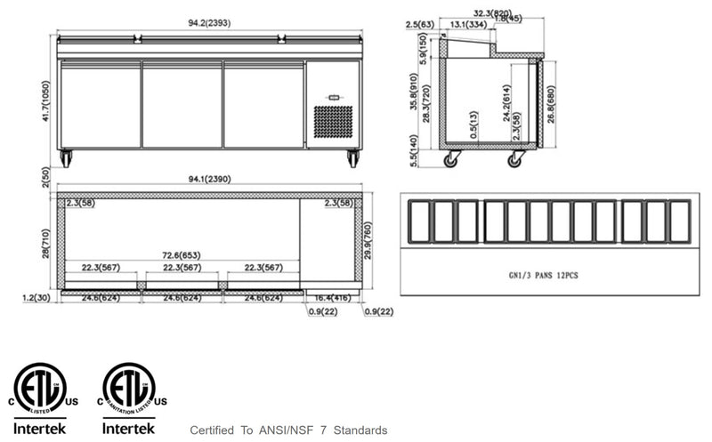 North Air NA-TPP93 Triple Door 94" Refrigerated Pizza Prep Table