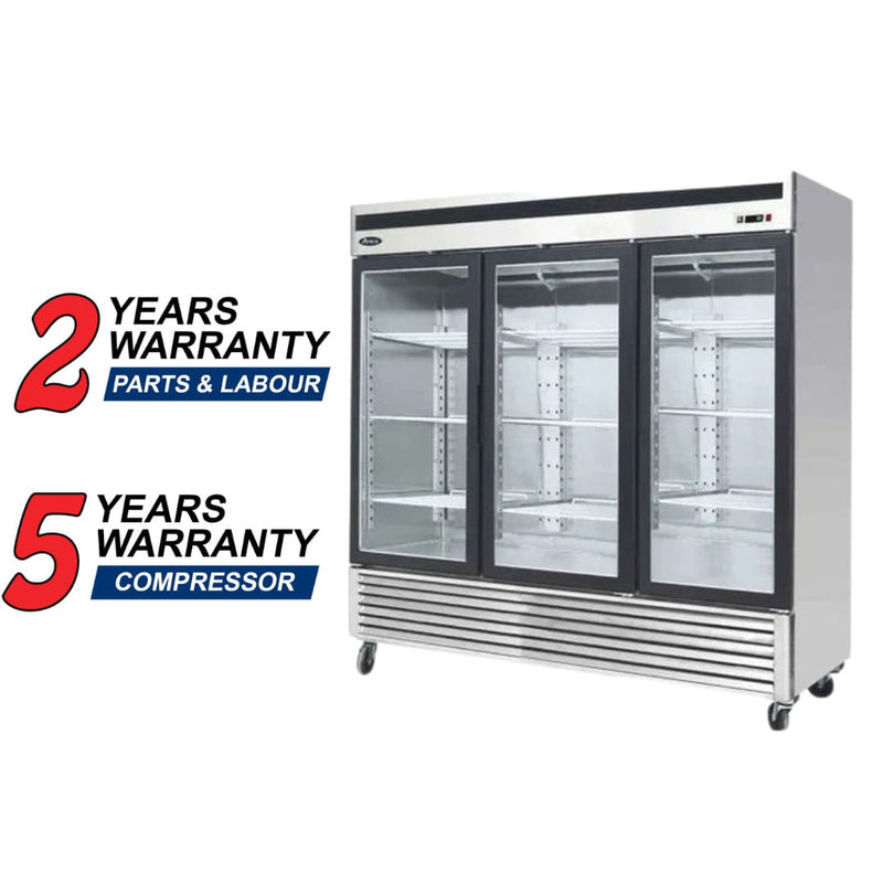 Atosa MCF8708GR 81″ Triple Swing Glass Door Stainless Steel Refrigerator