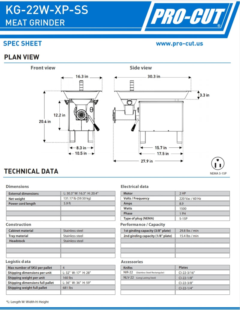 Pro-Cut KG-22W-XP-SS Size 22 Meat Grinder - 2 HP, 220V, Single Phase