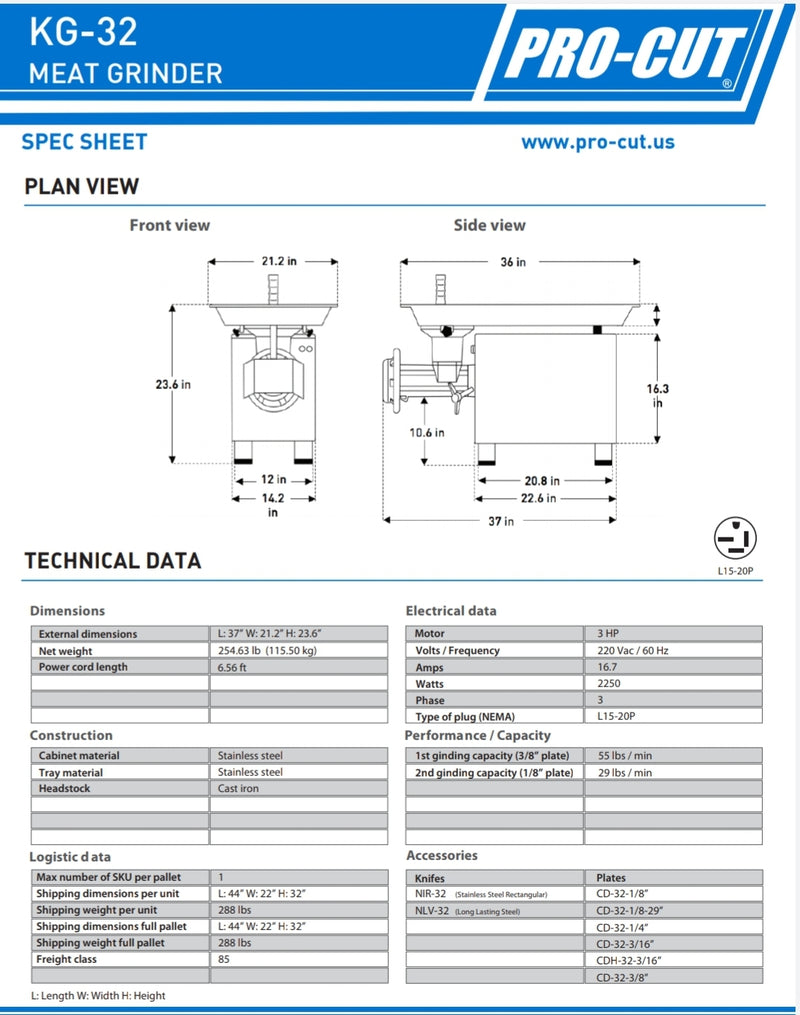 Pro-Cut KG-32 Size 32 Meat Grinder - 3 HP, 220V, Single or Three Phase