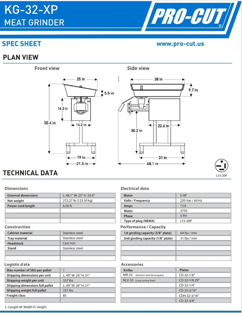 Pro-Cut KG-32-XP Size 32 Meat Grinder - 5 HP, 220V, Three Phase