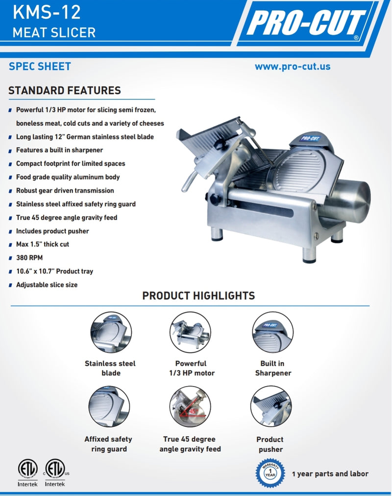 Pro-Cut KMS-12 Meat Slicer - 12" Blade, 1/3 HP, Gear Drive