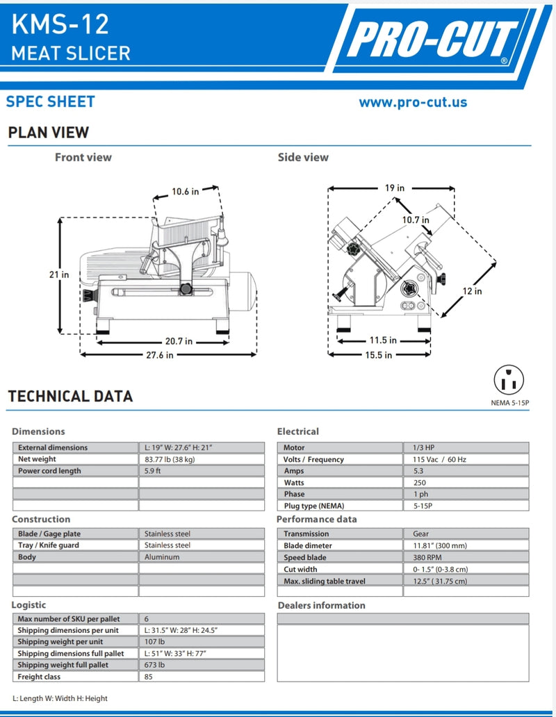 Pro-Cut KMS-12 Meat Slicer - 12" Blade, 1/3 HP, Gear Drive