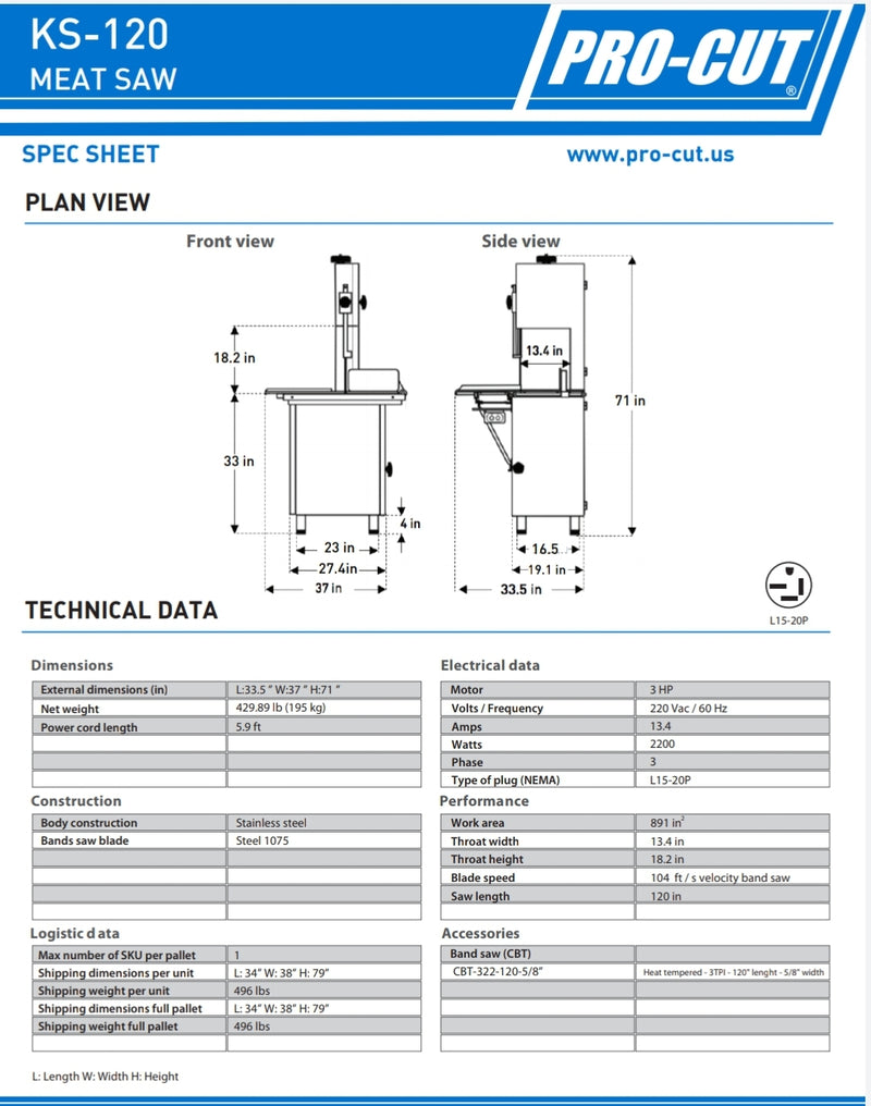 Pro-Cut KS-120 Hose Down Washable Band Saw with 120" Blade - 3 HP, 220V, Three Phase
